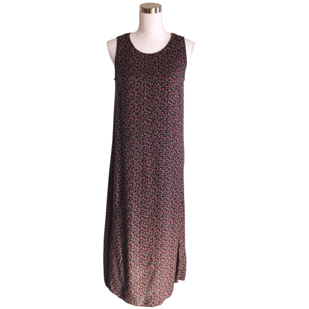 VINTAGE 90s Studio Ease Black Red Dark Floral Sleeveless Midi Dress Size 6 Small